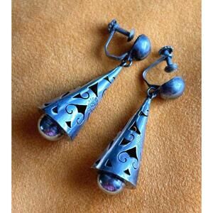 Vintage Mexican Sterling Silver Cone Dangle Earrings Screw Back Mid Century